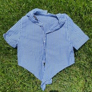 Zara Collection Blue & White Striped Cropped Tie Collared Top